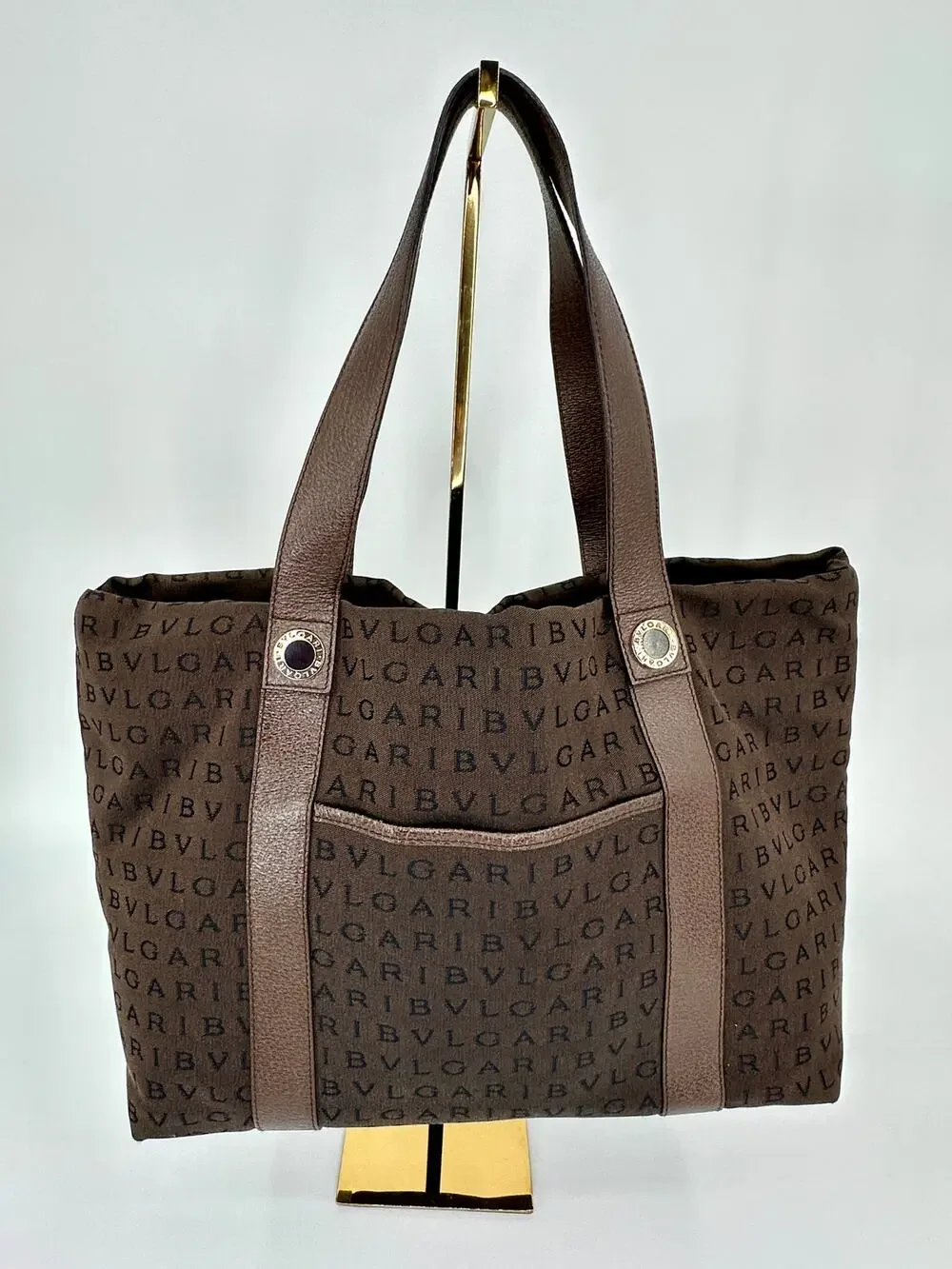 Bvlgari Logo Jacquard Canvas Tote Bag Brown w/ Matching Pouch & Dust bag